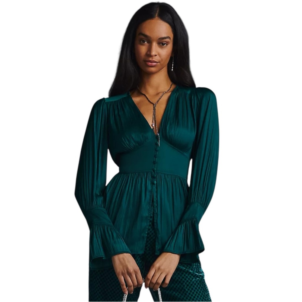 Anthropologie Deep-V Tunic Romantic Blouse Bell Sleeve Emerald Green Satin Sz S